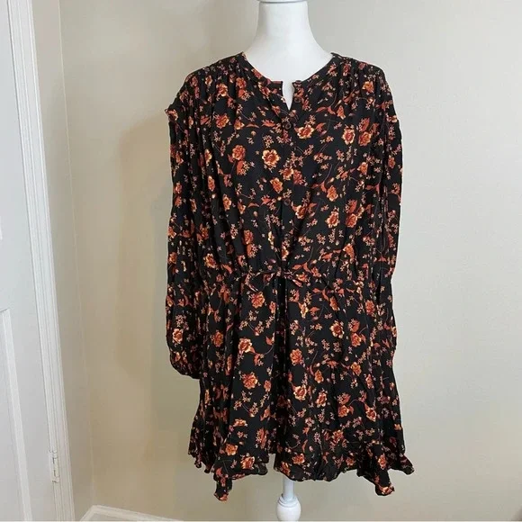 Free People | Flower Fields Black & Orange Floral Print Long Sleeve Mini Dress M - Picture 6 of 16